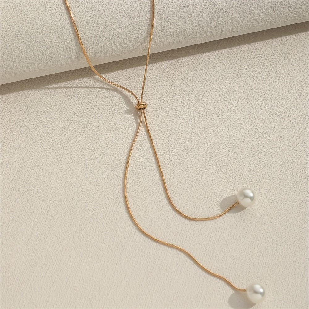 Simple Faux Pearl Pendant Adjustable Long Sweater Chain Necklace.