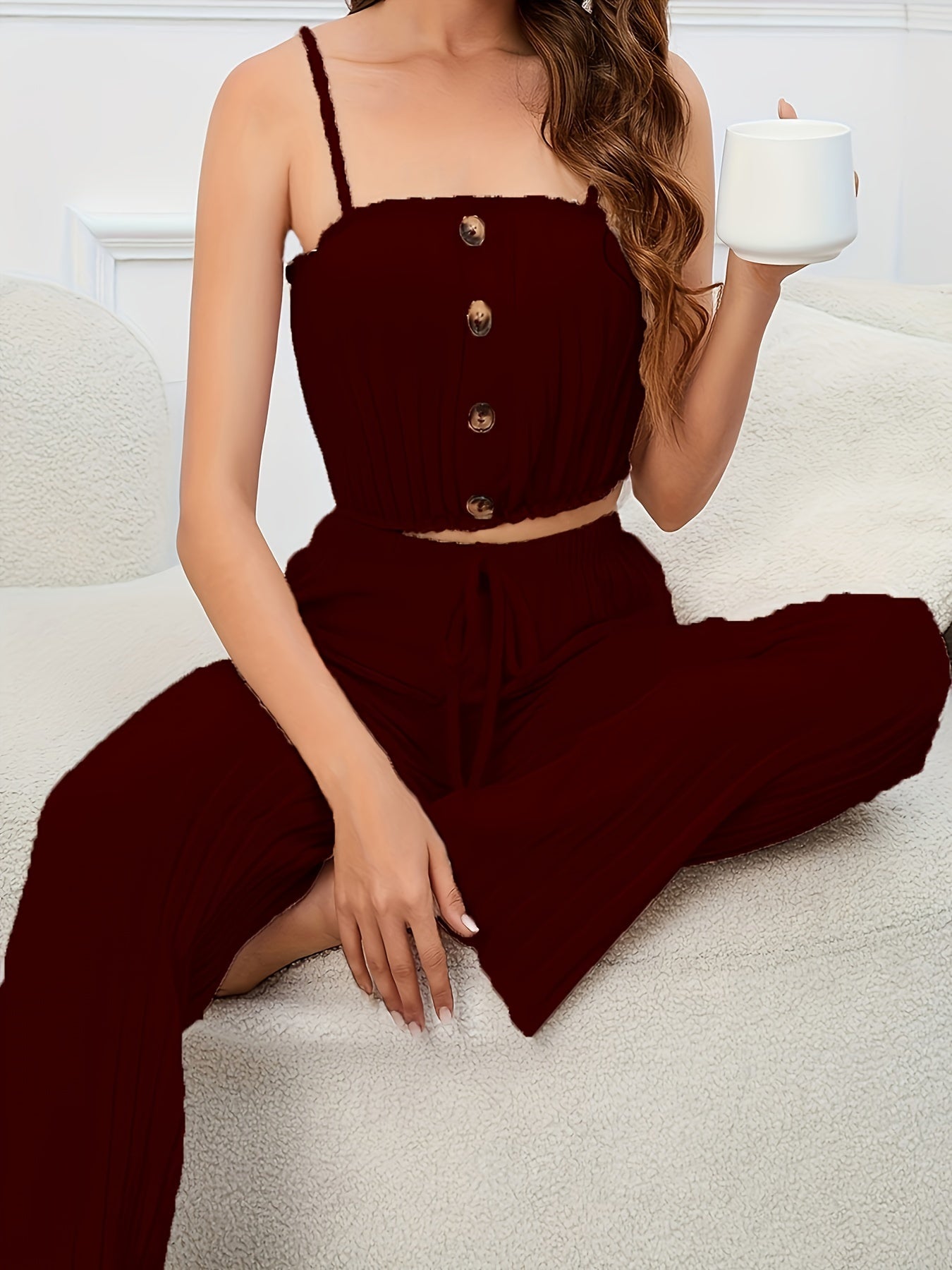 Solid Ribbed Lounge Set, Ruffle Cami Top & Elastic Waistband Pants,