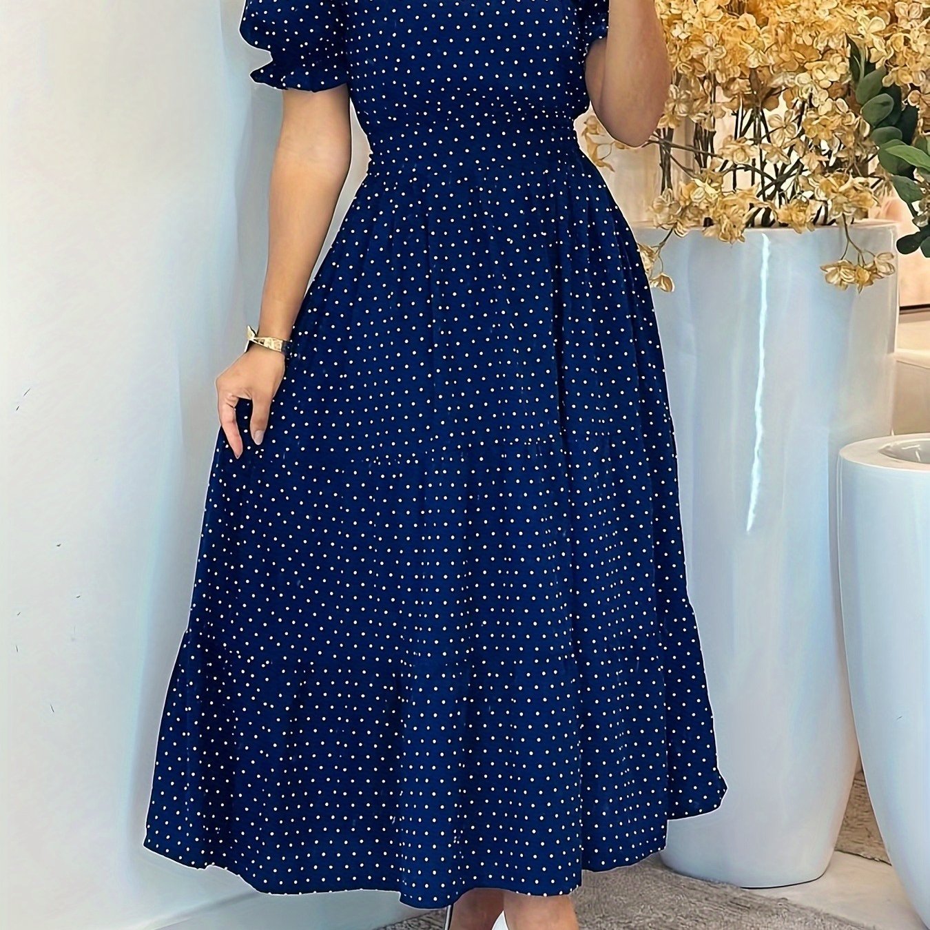 Women's Navy Blue & White Polka Dot Puff Sleeve A-Line Dress ./MH