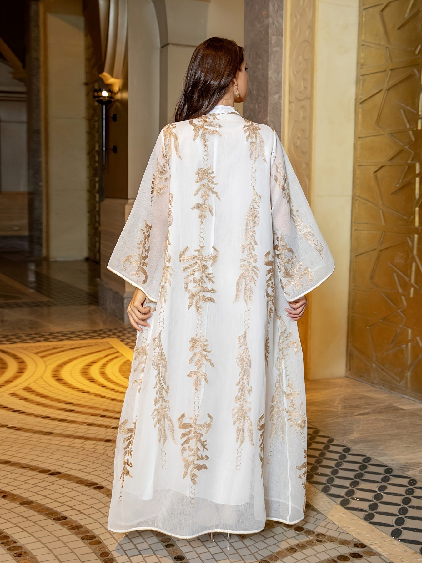 Ramadan Floral Pattern Notched Neck Kaftan Abayas, /MH