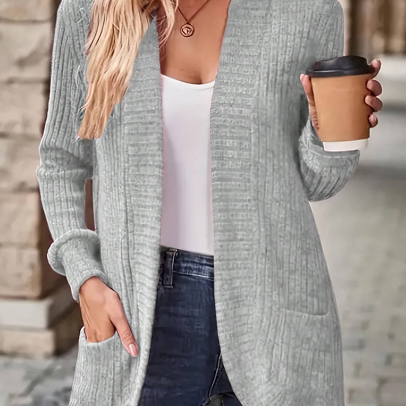 1pc Women'S Solid Color Polyester Cardigan Jacket with Pockets,