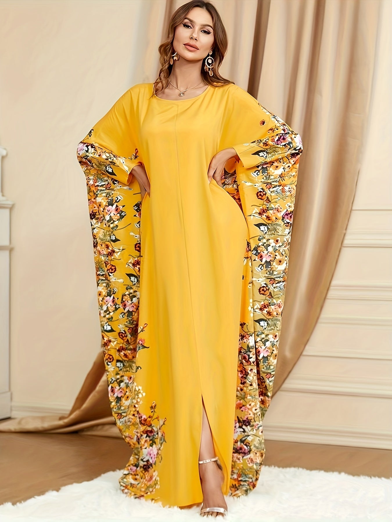 Floral Print Crew Neck Kaftan, Elegant Batwing Sleeve'/MH