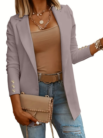 Solid Open Front Lapel Blazer, Elegant Button Decor Long Sleeve Blazer.