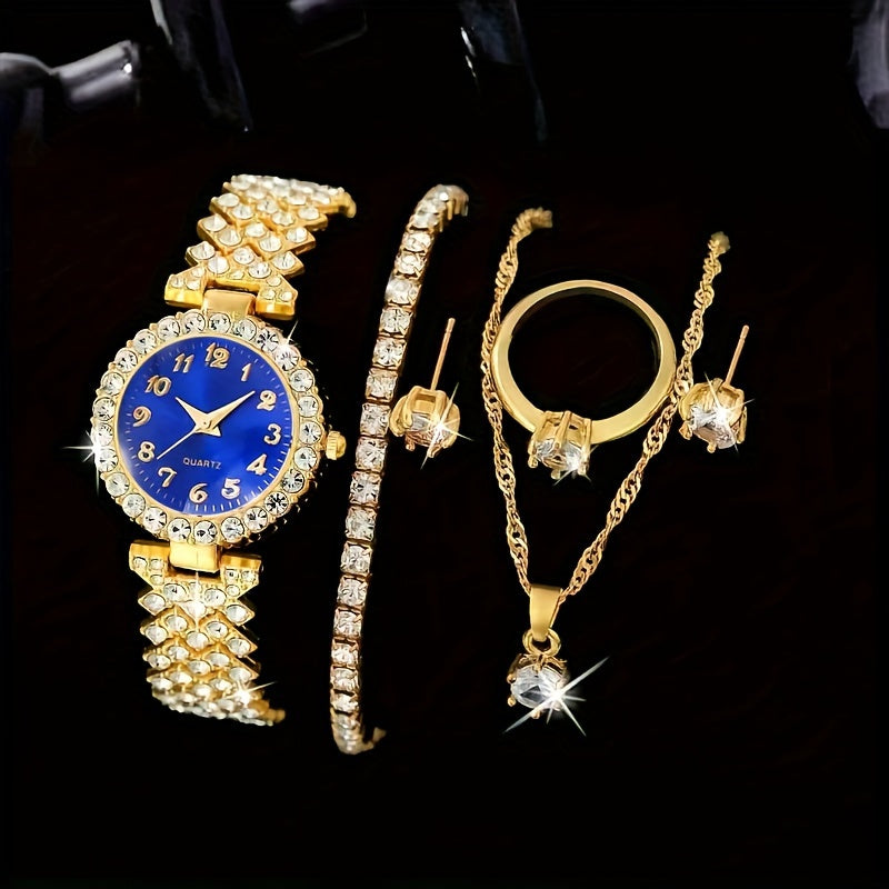 Luxury Rhinestone Quartz Watch Hiphop Fashion Analog Wrist Watch & 6pcs Jewelry Set, Gift For Women Her