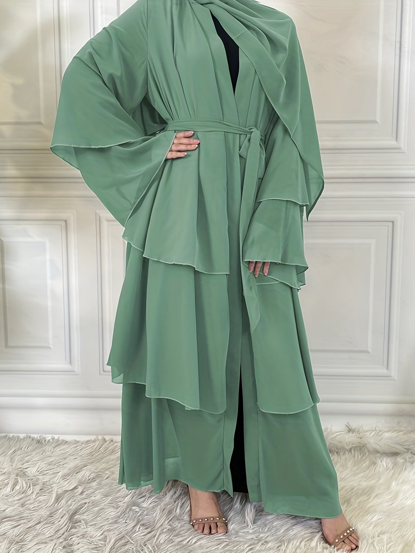Layered Open Front Modest Dress, Long Sleeve Muslim Dress'/MH