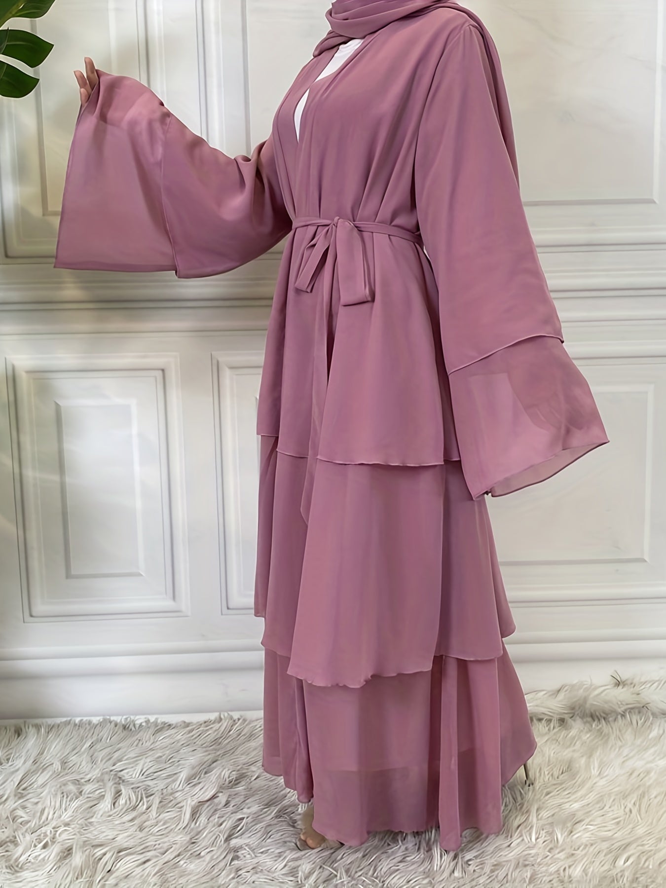 Layered Open Front Modest Dress, Long Sleeve Muslim Dress'/MH