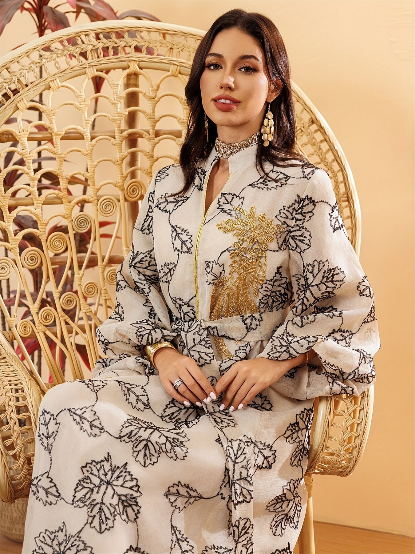 Dubai Floral Embroidery Belted Dress Belt included Lantern Sleeve/MH