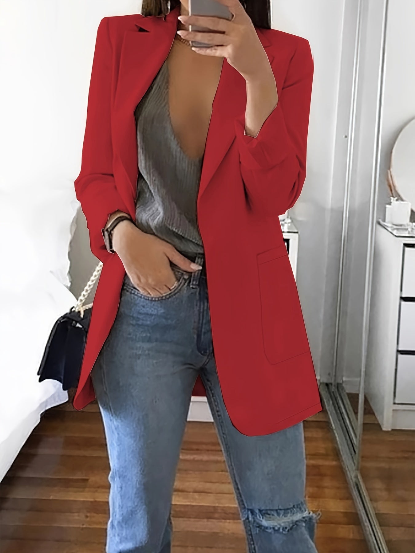 Solid Open Front Blazer, Elegant Lapel Long Sleeve Blazer.