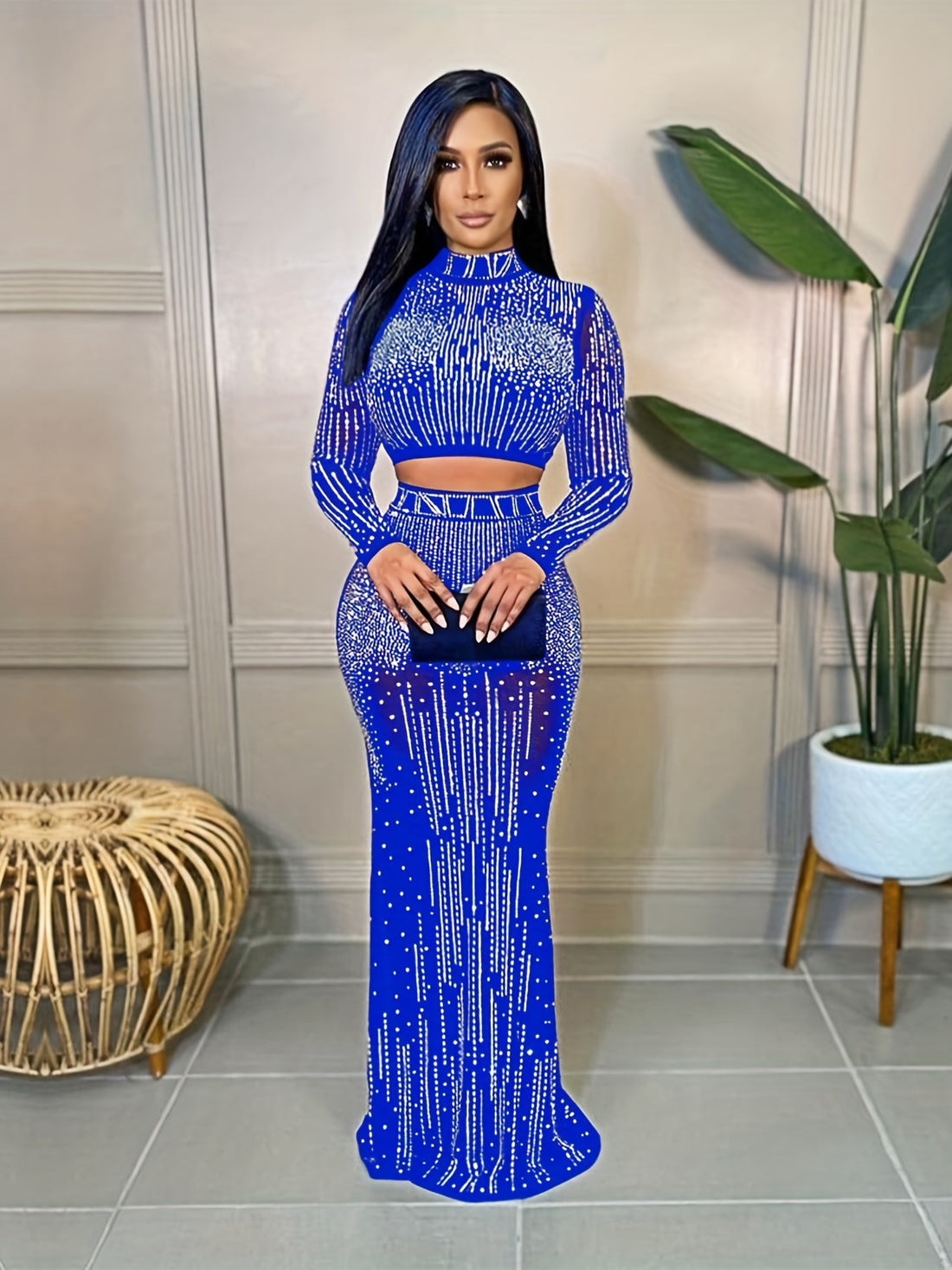Party Rhinestone Two-piece Set, Bodycon Crop Top.