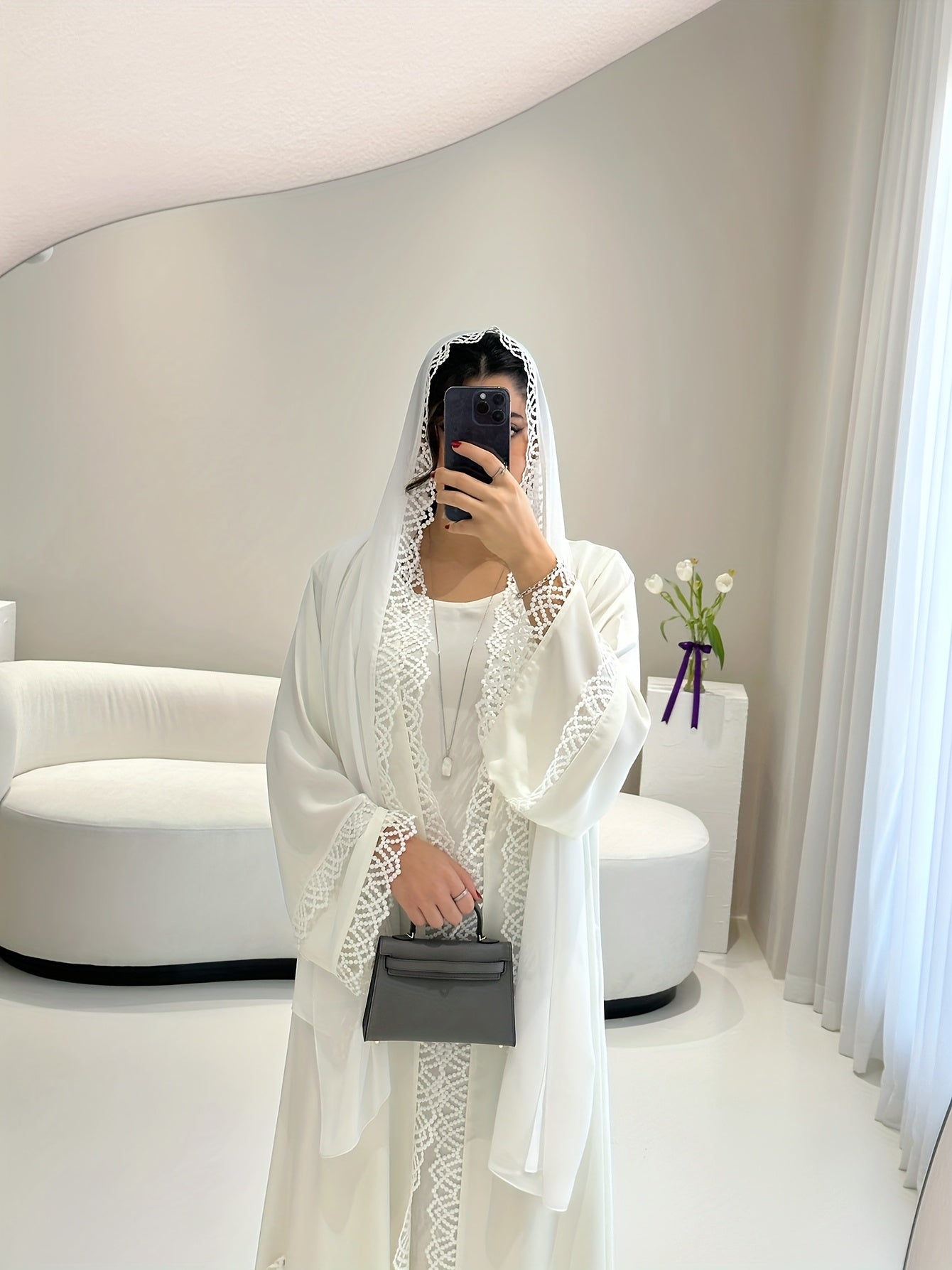 2pcs Set with Lace Trim Muslim Kaftan Plus Sleeveless Vest Skirt, / MH