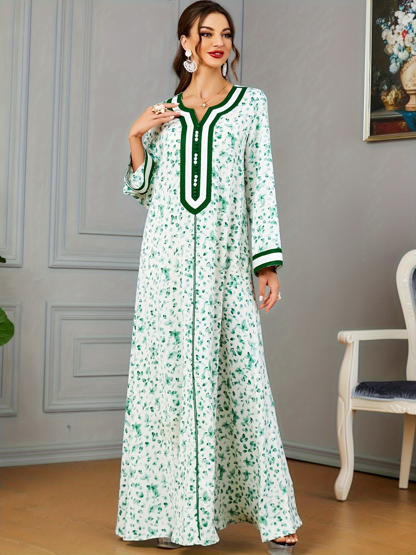 Floral Print Notch Neck Kaftan, Elegant Long Sleeve Maxi women fashion ;/MH