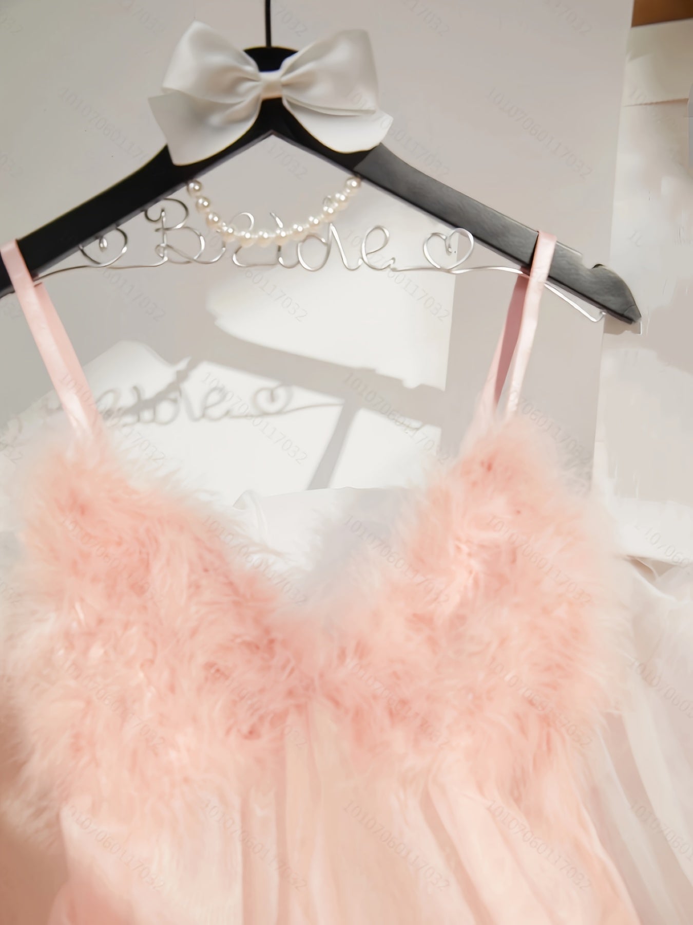Solid Fuzzy Trim Lingerie Set, Deep V Mesh Semi Sheer Dress & Thong, /MH