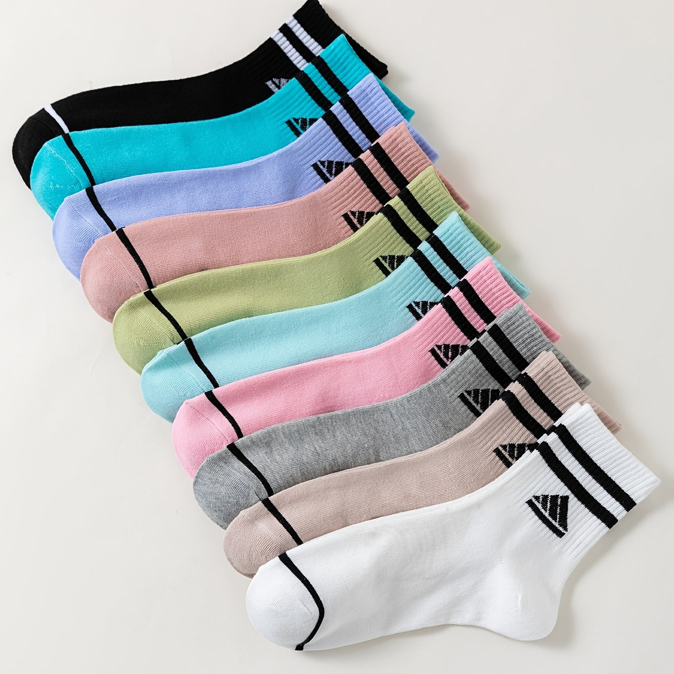 10 Pairs Women'S Fashion Striped Solid Color Short Socks,/MH
