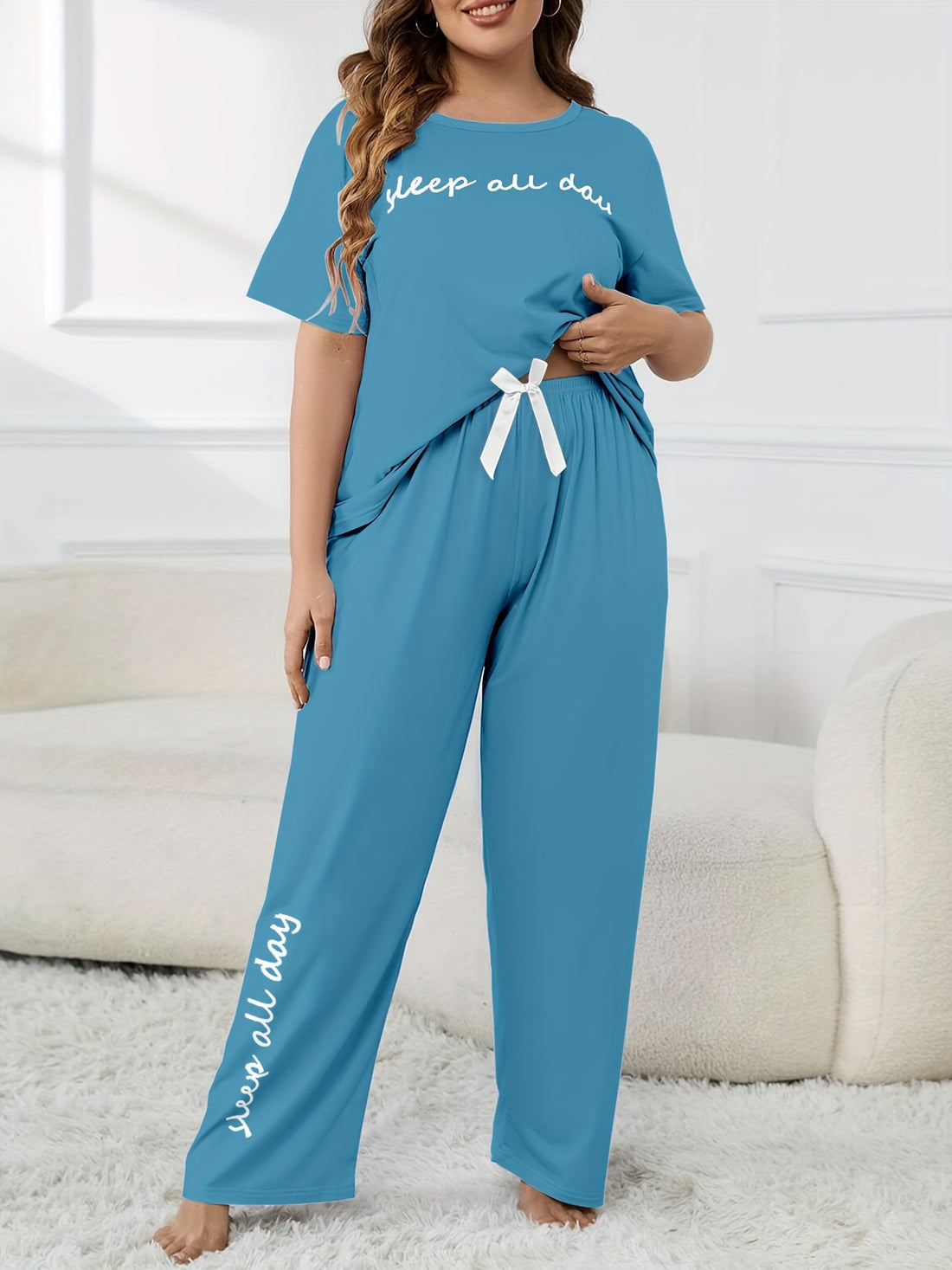 Plus Size Women's Cute Pajama Set, Plus Size Letter Print Short Sleeve Top and Pants Casual 2pcs, Plus Size Pajama Sets