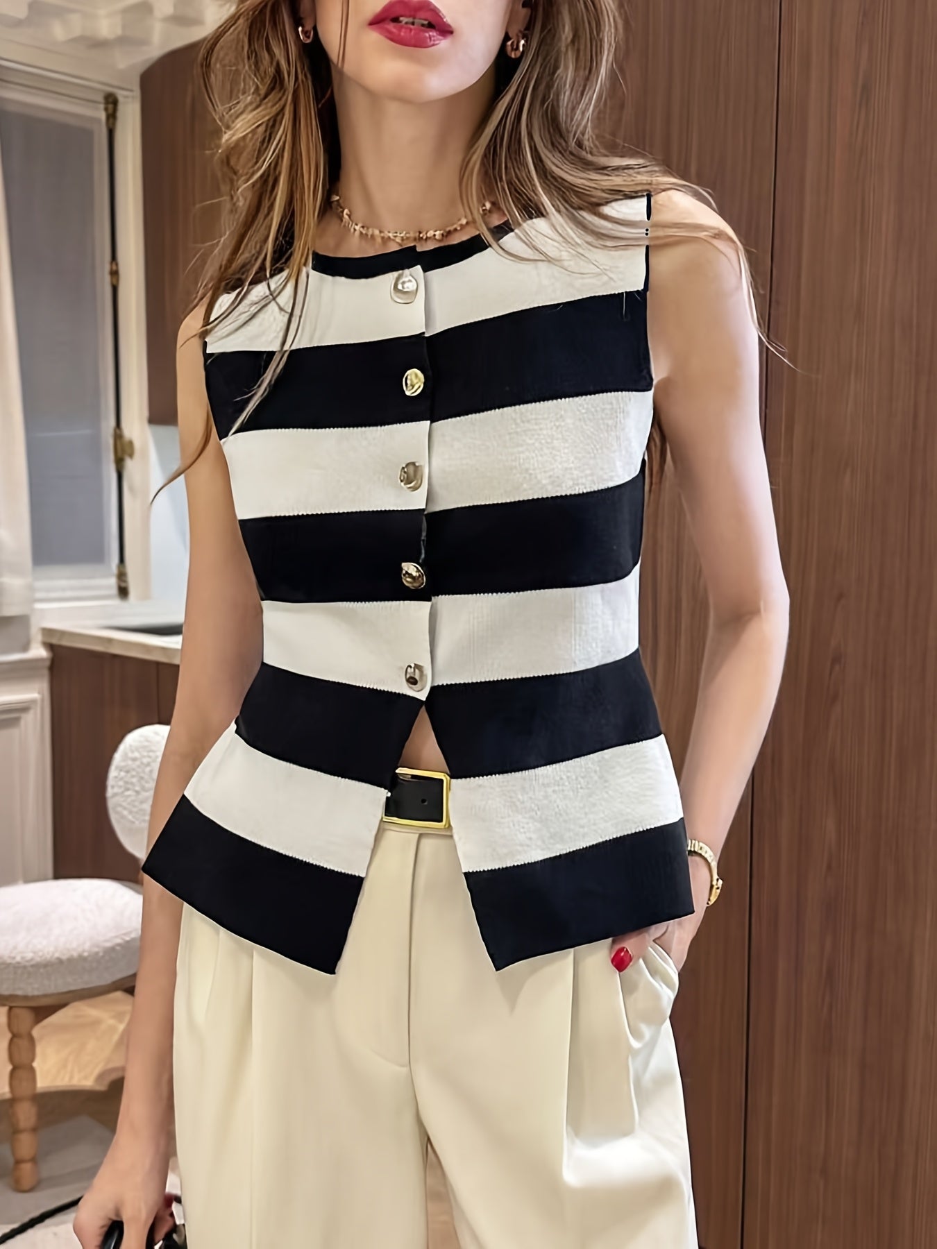 Women'S Navy & White Horizontal Stripe Button-Front Cardigan .
