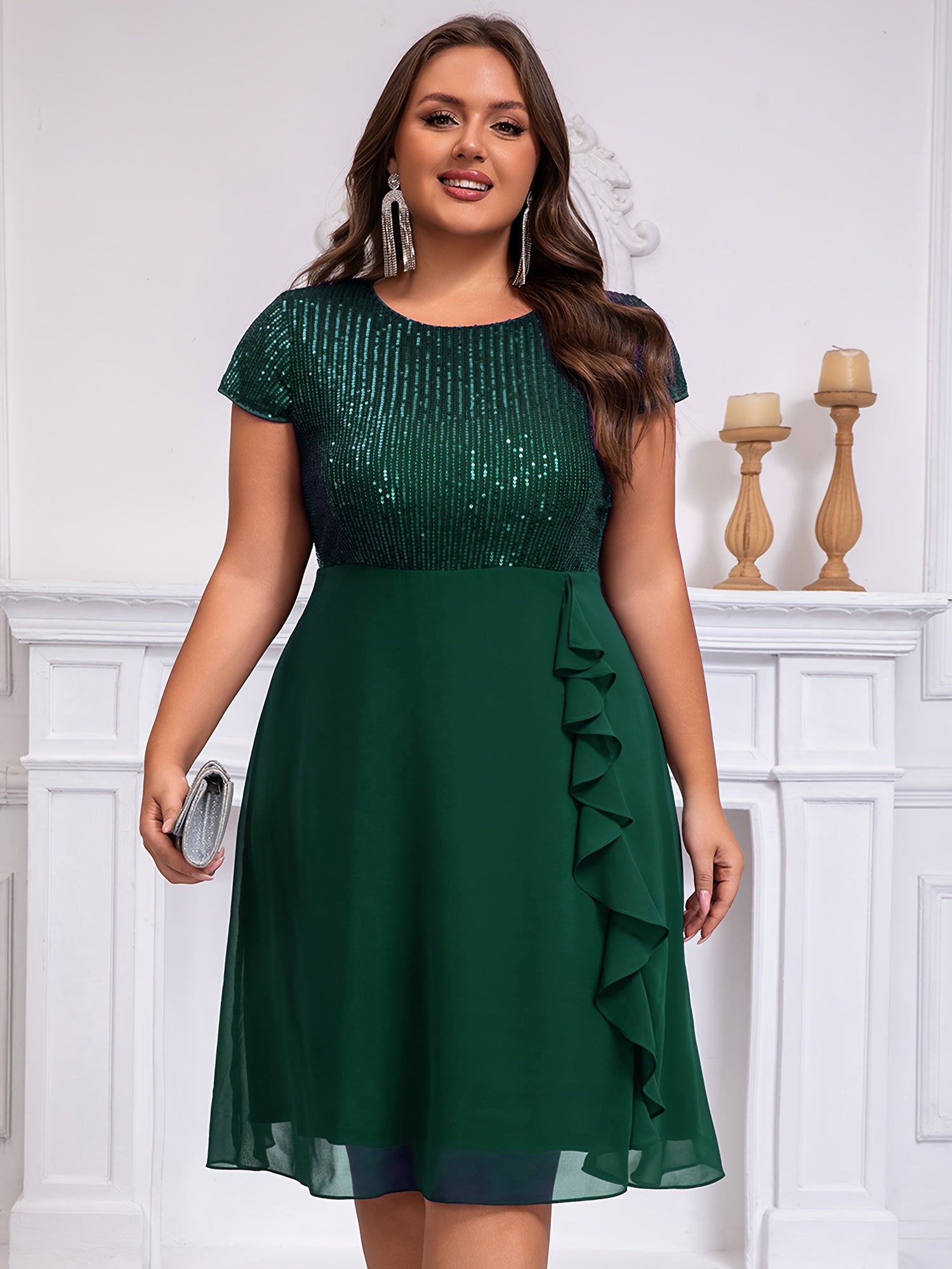 Women'S Plus-Size Chiffon Dress with Sequin Patchwork