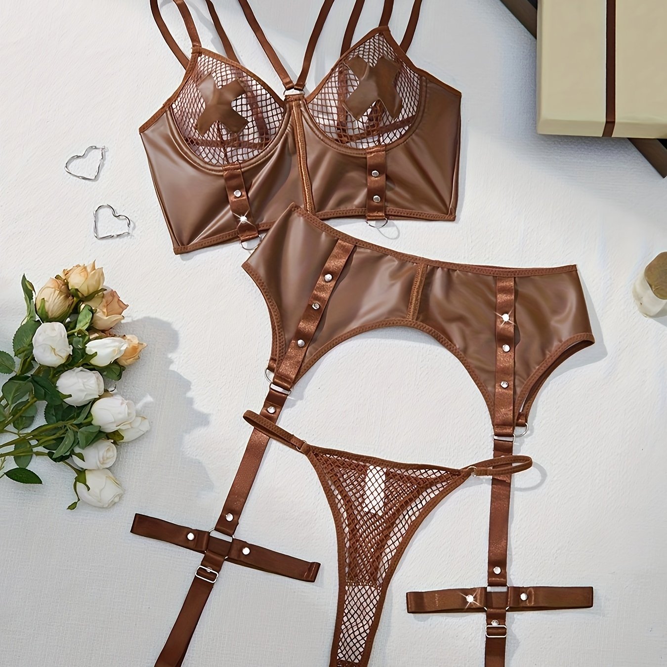 Sexy Sheer Lingerie Set With Rivet Detail, Includes Push-Up Bra,/MH