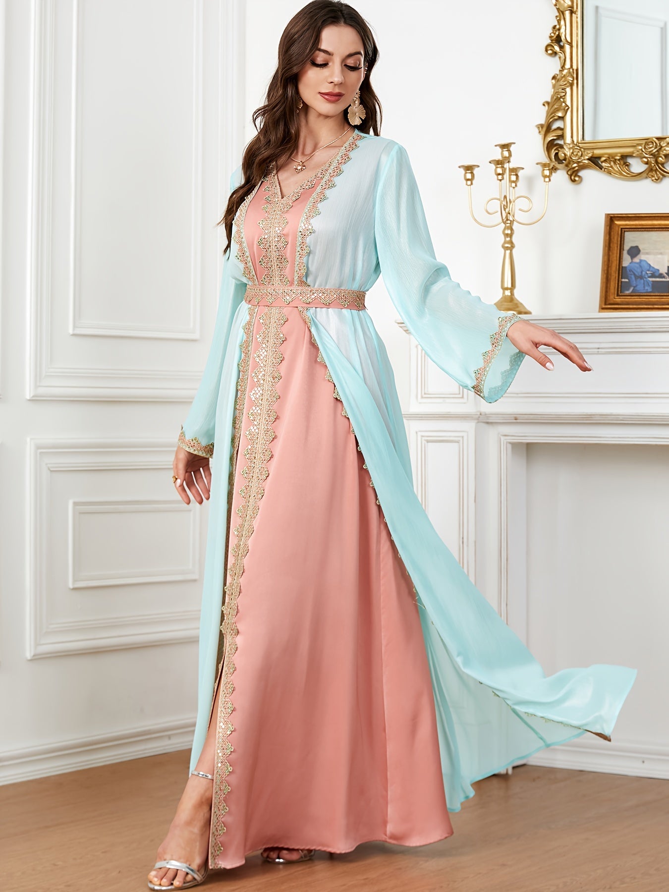 Contrast Lace Long Sleeve Kaftan Dress, Elegant V Neck '/MH