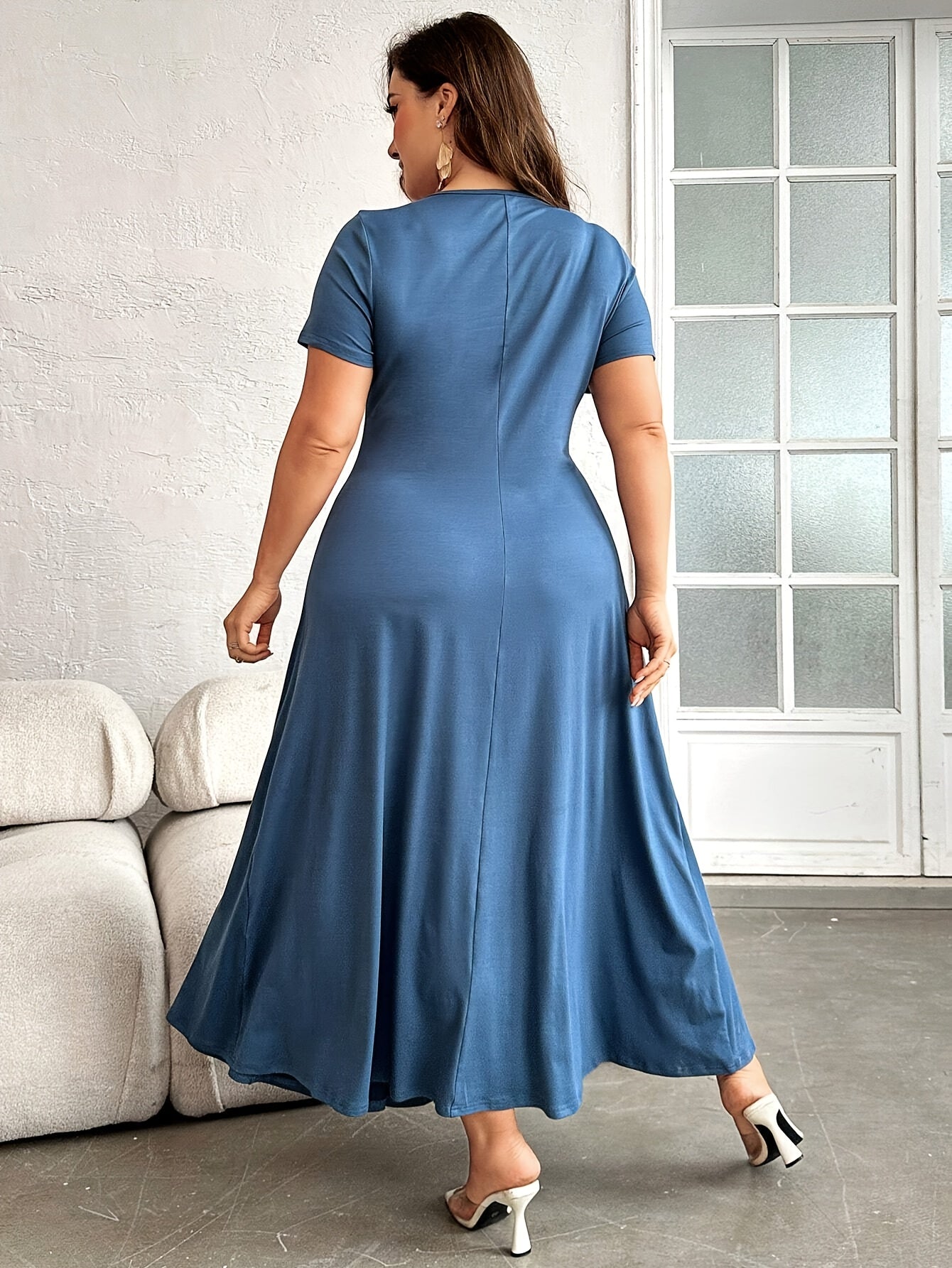 Plus Size, Buttoned neckline pleated detail short sleeve dress,/MH