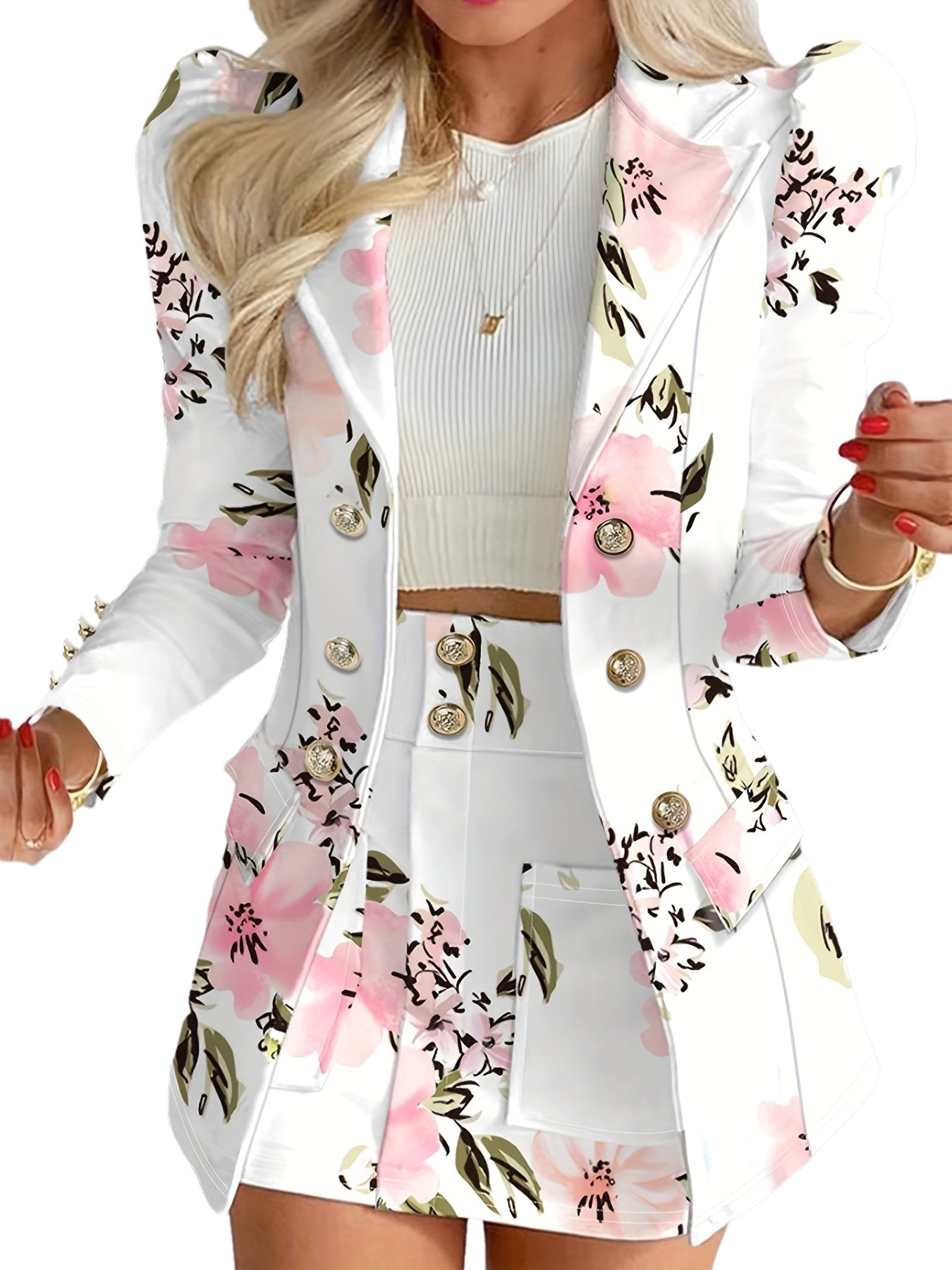Two-Piece Floral Print Suit Set - Elegant Double Breasted Blazer.