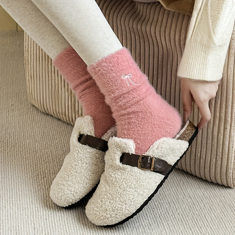 5pcs Women's Cozy Pink Bowknot Plush Socks - /MH