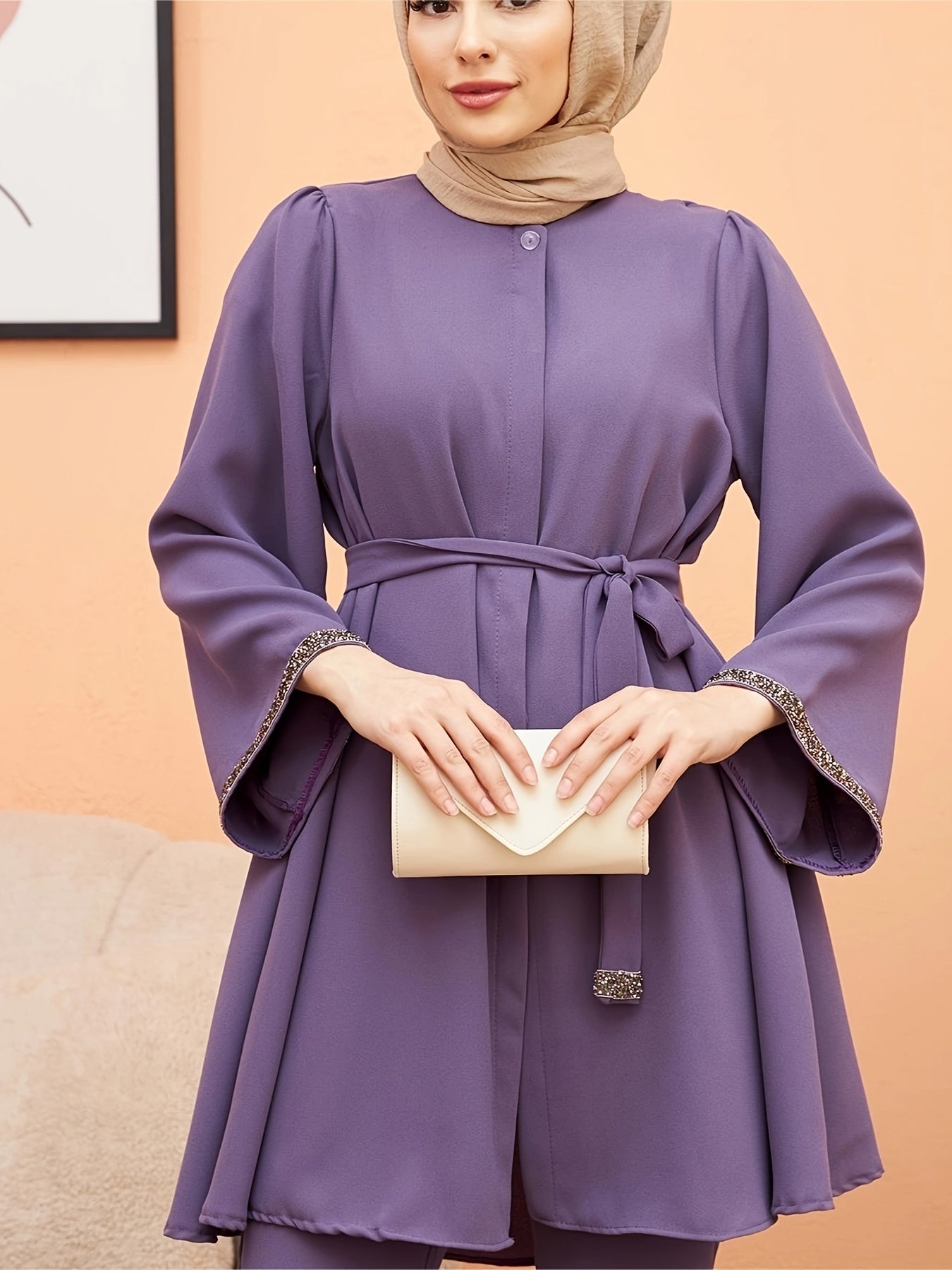 Contrast Trim Belted Button Front Kaftan Shirt, /MH