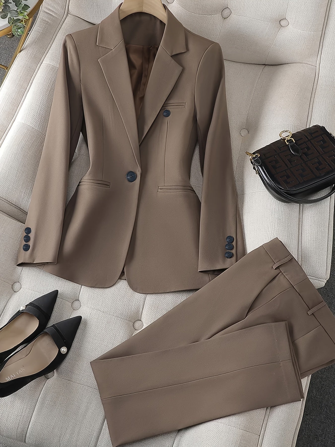 Plain Color Elegant Suit Set, Single Breasted Long Sleeve Blazer.