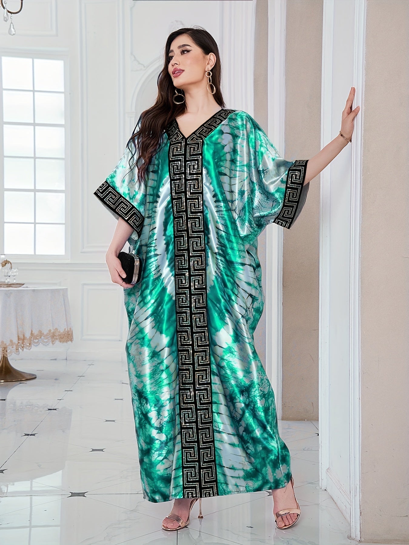 Abstract Print Greek Pattern Kaftan Dress, Elegant Half Sleeve'/MH