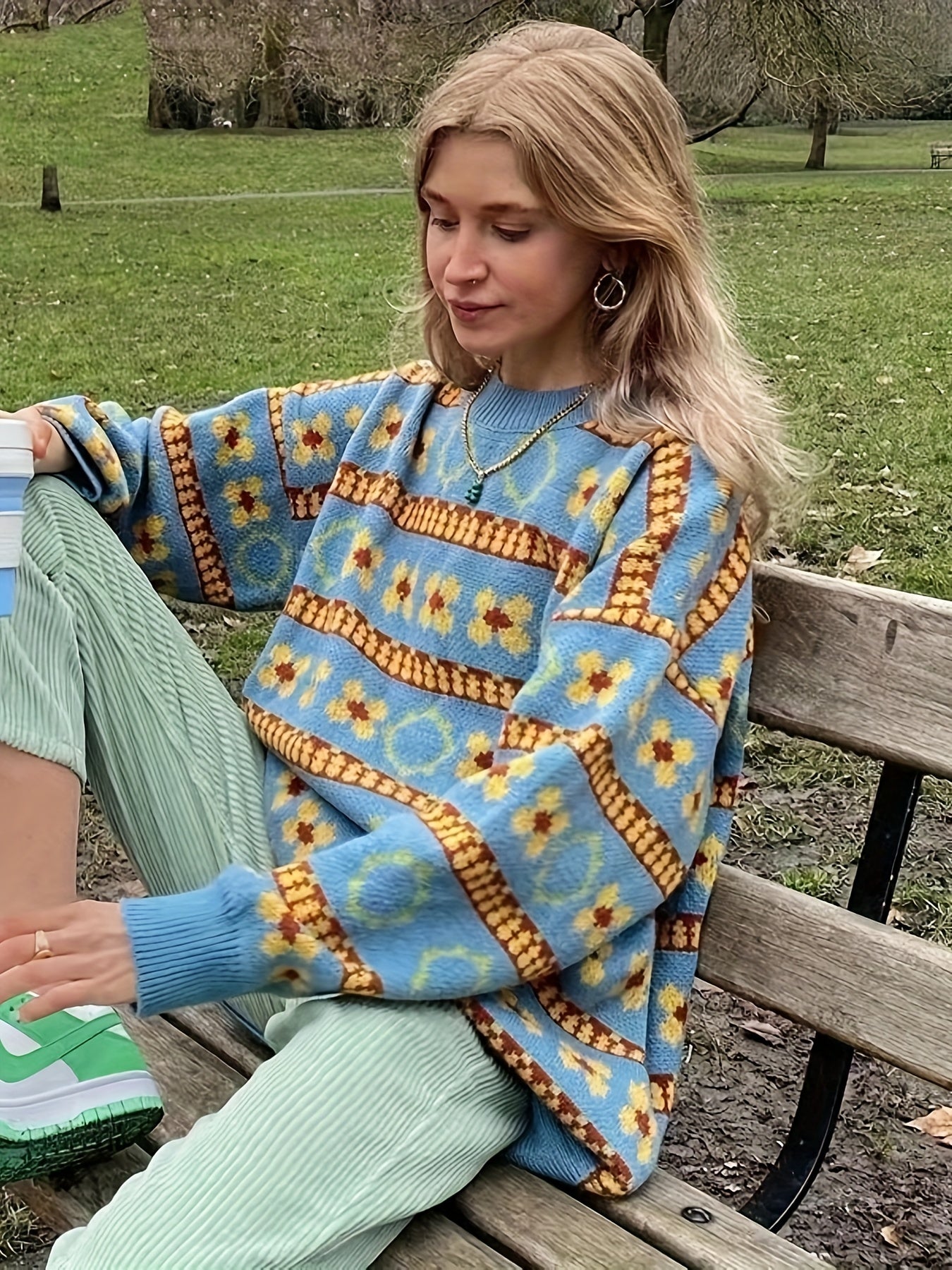 Womens Floral Charm - Soft Crew Neck Pullover Sweater .