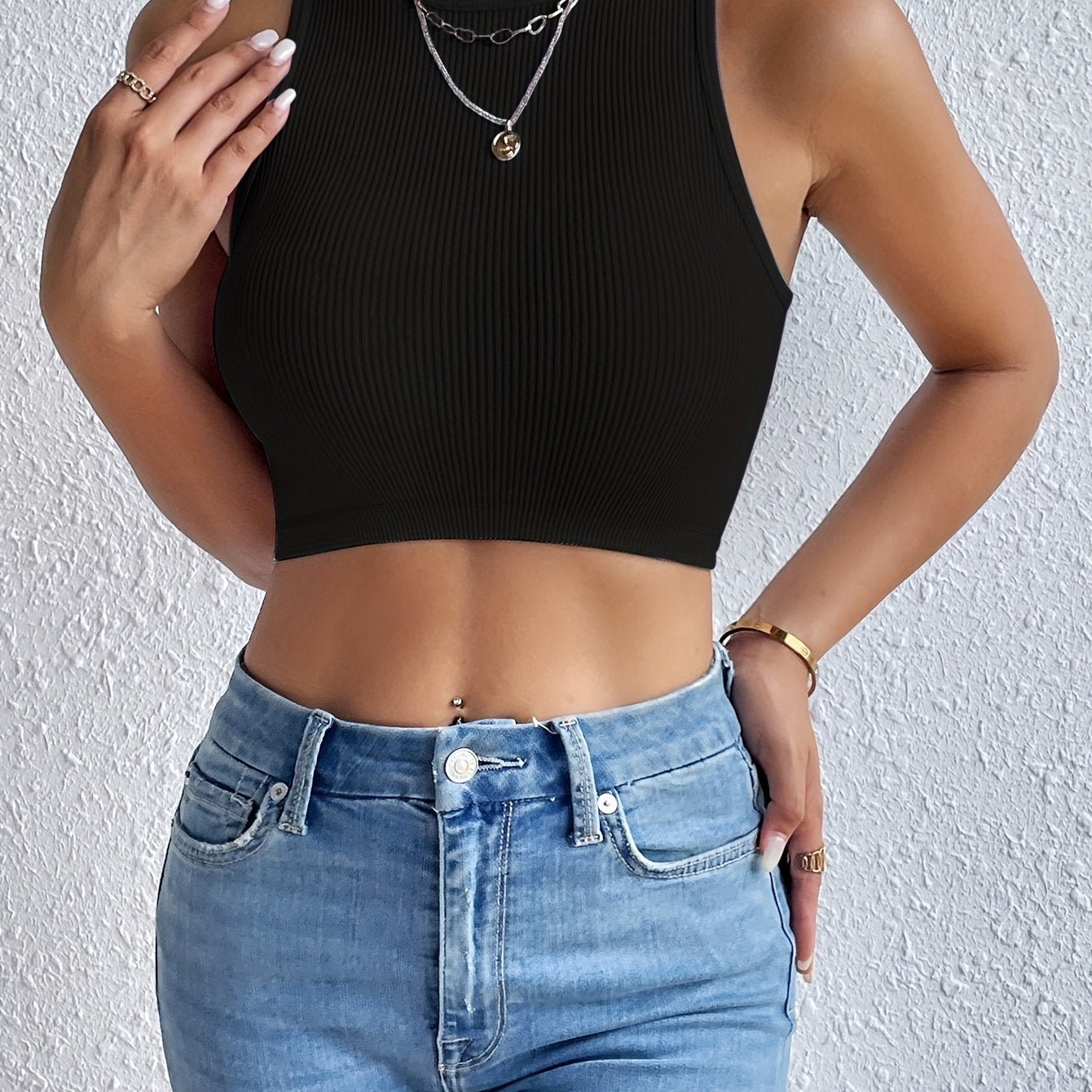 Solid Ribbed Crop Tank Top, Casual Sleeveless Basic Summer Top, Women's Clothing