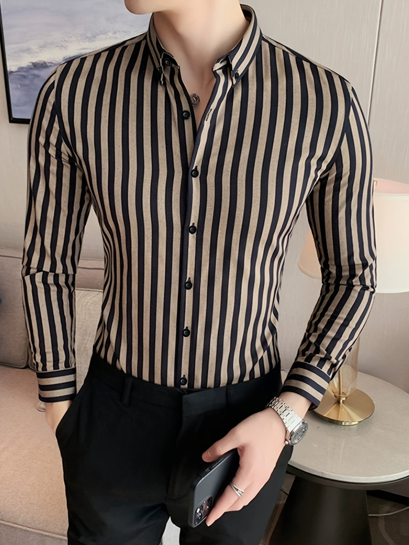 Men's Striped Lapel Collar Design Dress Shirts,
