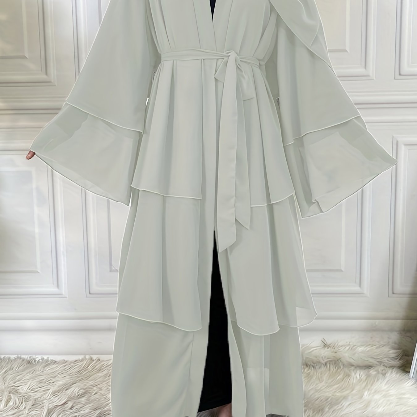 Layered Open Front Modest Dress, Long Sleeve Muslim Dress'/MH