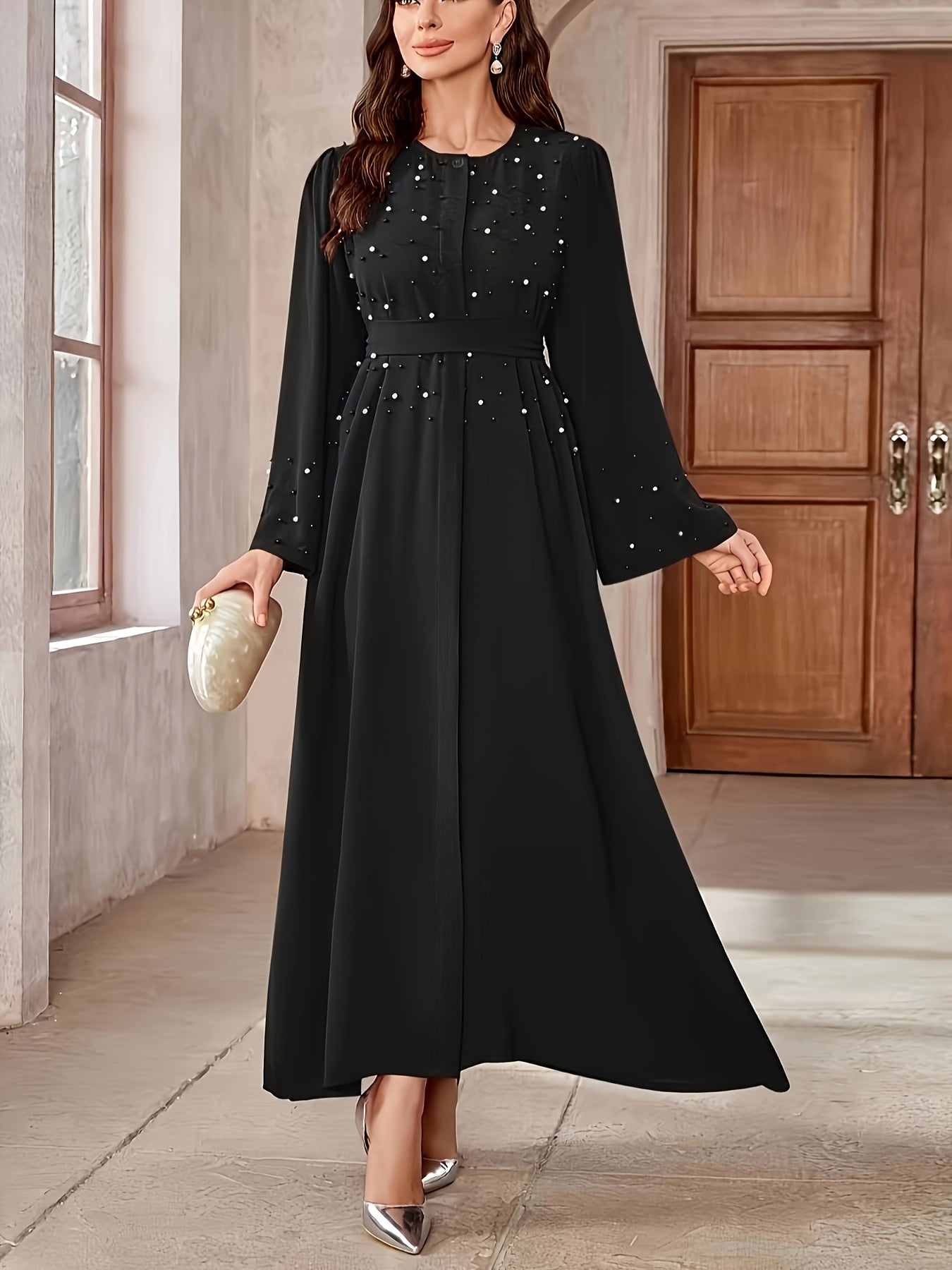 Elegant Pearl Embellished Burgundy Abaya./MH