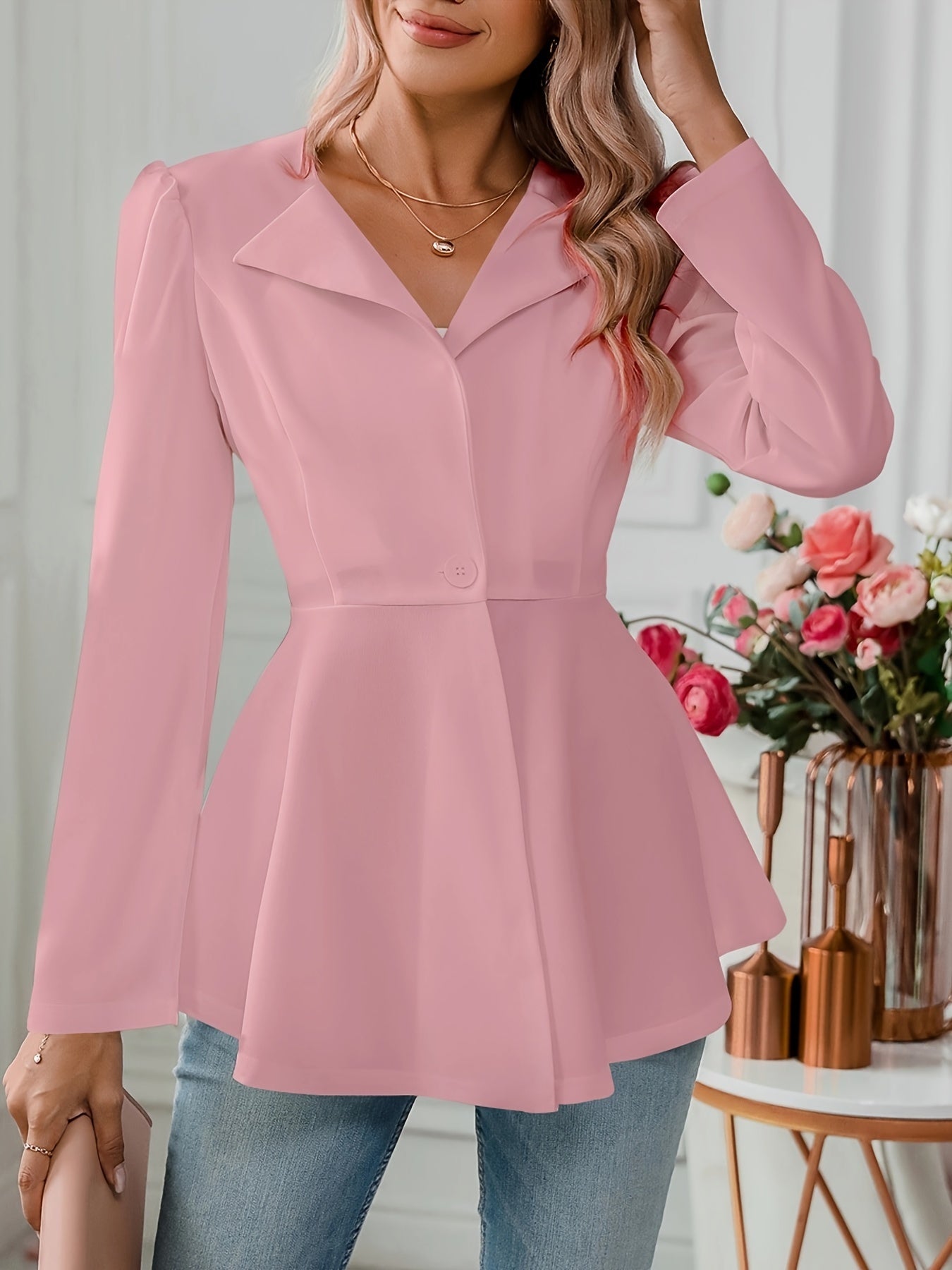 Notched Collar Flare Blazer, Elegant Long Sleeve Button Front Coat,