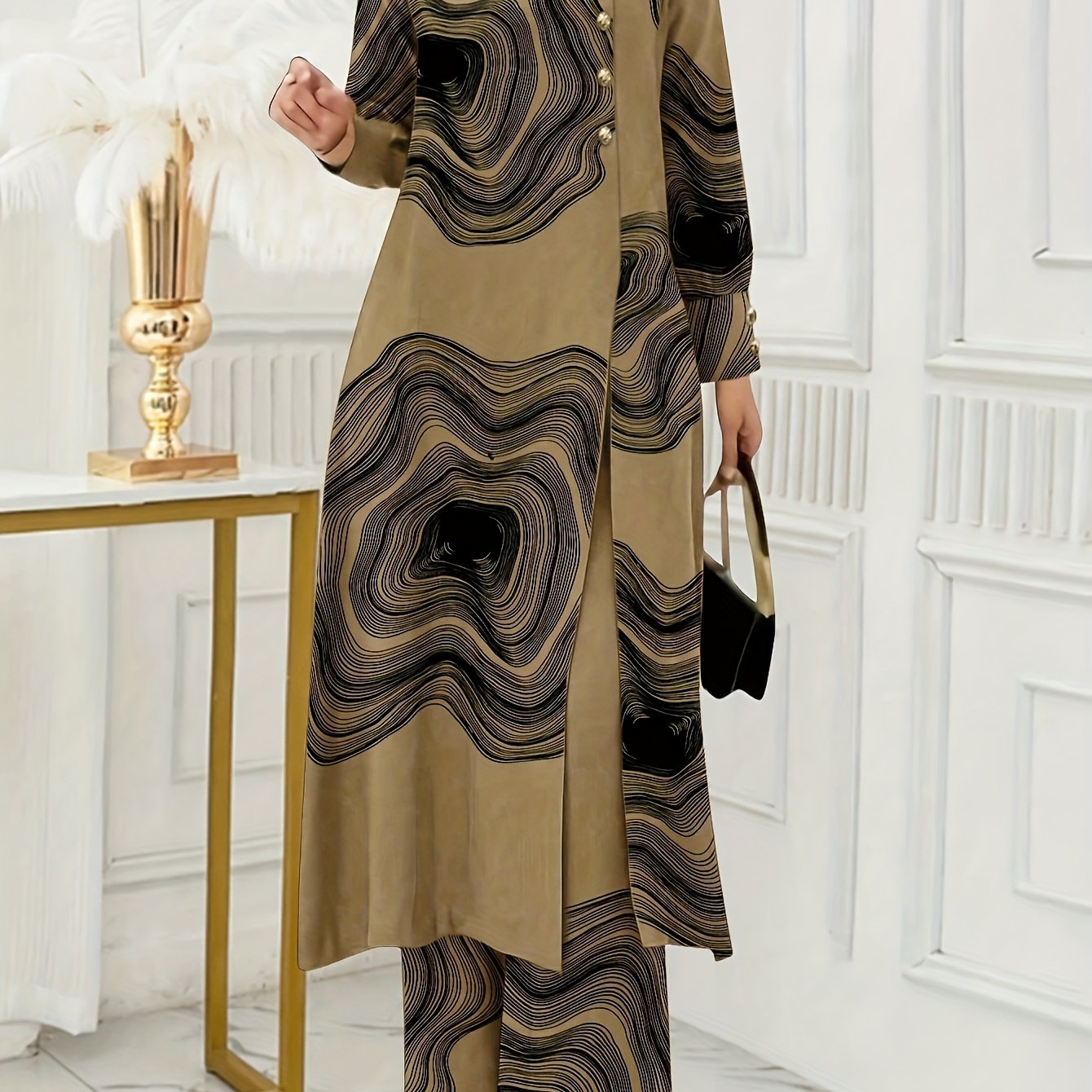 Solid Color Button Design Long Sleeve Top and Pants Set, Arabic Style,/MH