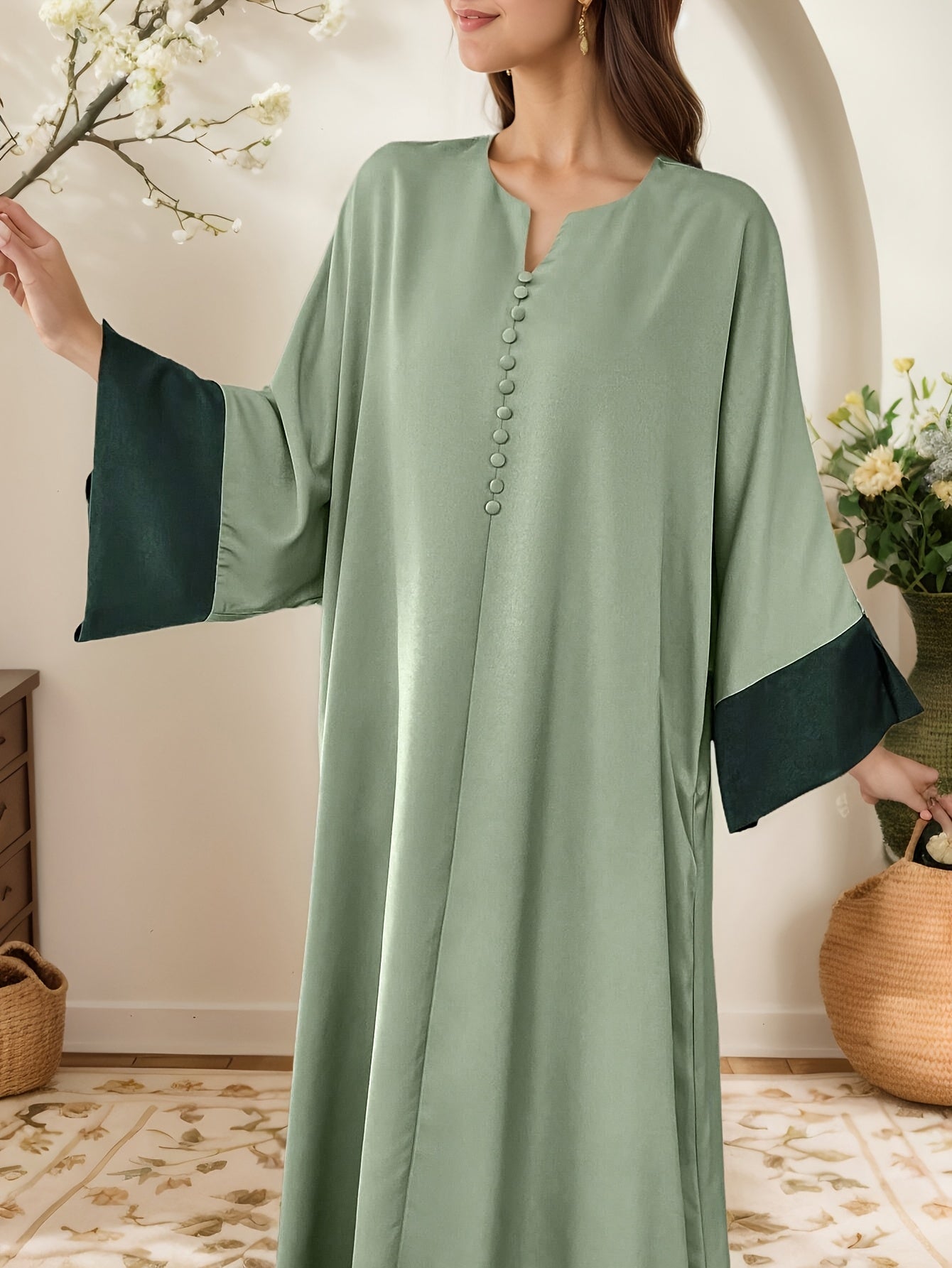 Abaya - Elegant Islamic Dress with V-Neck Button Front, /MH