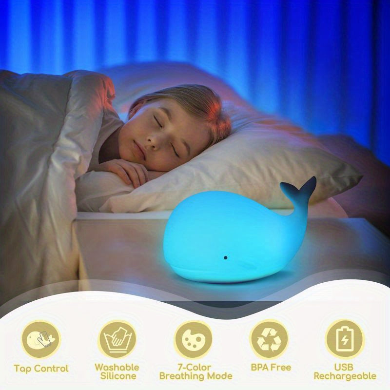7 Colors Whale Kawaii Night Light - Rechargeable, Color-Changing, Silicone, Christmas and Halloween Gift Lamp with Soft Glowing Effect