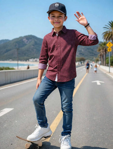 Boys' Premium Micro-Print Button-Down Shirt – Smart Casual Cotton Long Sleeve (Ages 3-14)