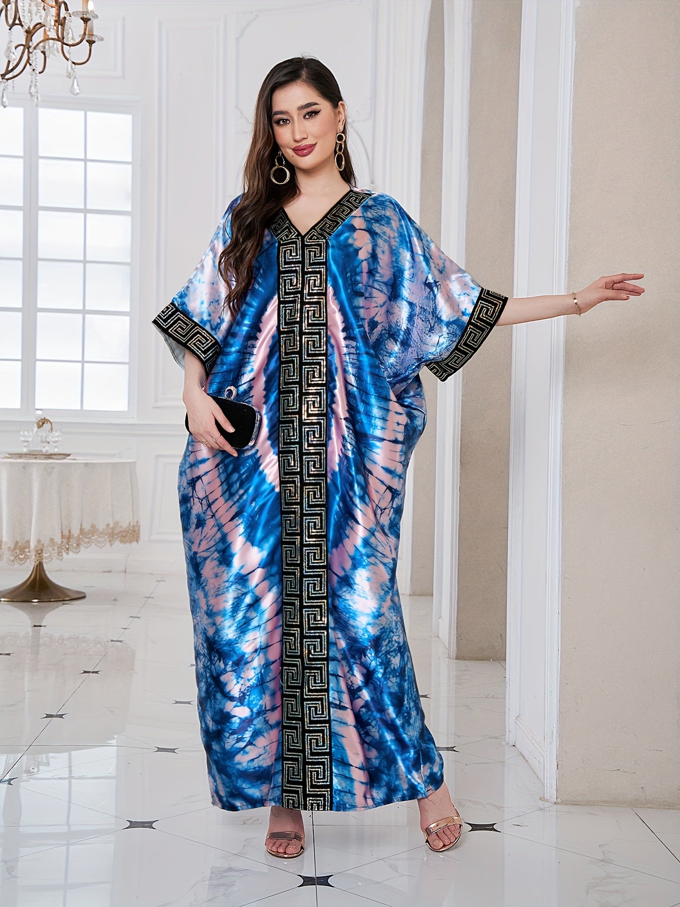 Abstract Print Greek Pattern Kaftan Dress, Elegant Half Sleeve'/MH