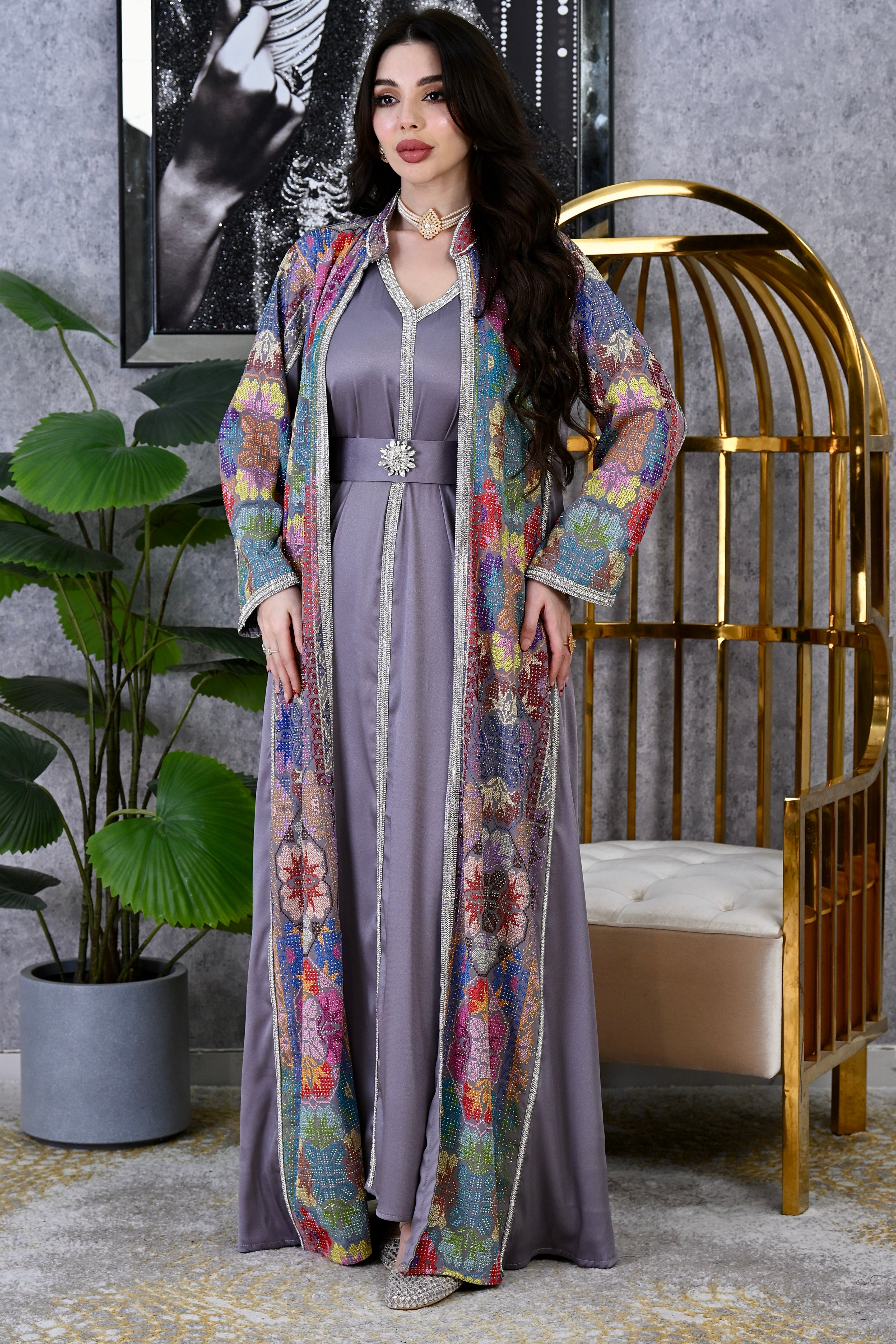Women's Elite Artisan Sequin-Embellished Kaftan – Luxury Hand-Crafted Gown with Butterfly Sleeves | 4 colors | Sizes M-XXL | MH