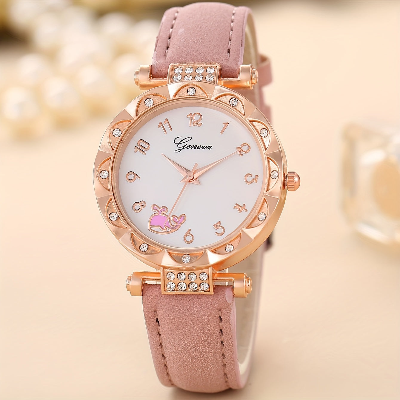 1pc Fashion Trend Rhinestone Quartz Wrist Watch & 5pcs Love Rhinestone Jewelry Set, Birthday Christmas Gift