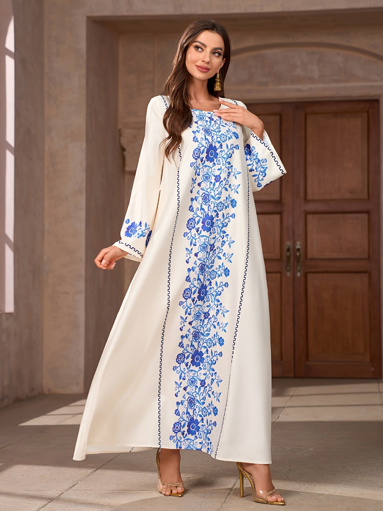 Floral Print Crew Neck Kaftan Dress, Elegant Long Sleeve 'MH
