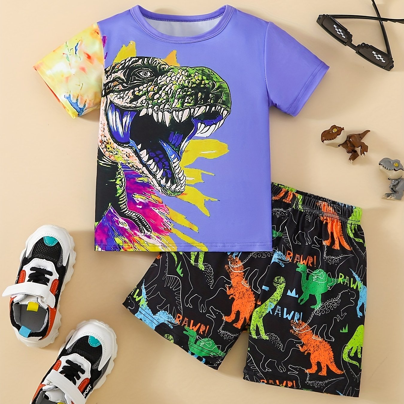 Boys Dinosaur Casual Outfit Round Neck T-shirt.