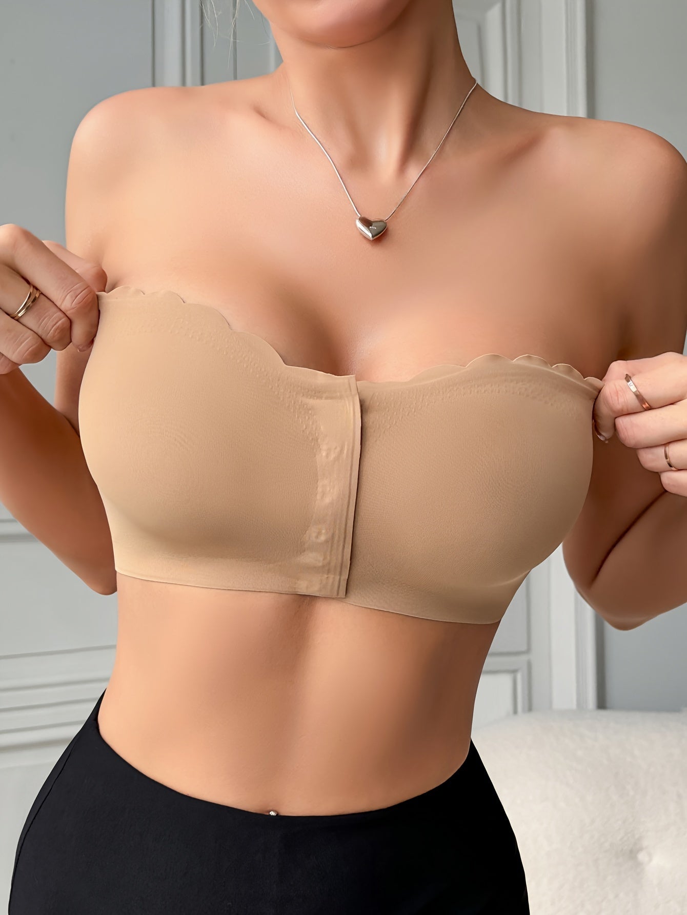 Solid Seamless Strapless Front Closure Wireless Strapless Bra,/MH
