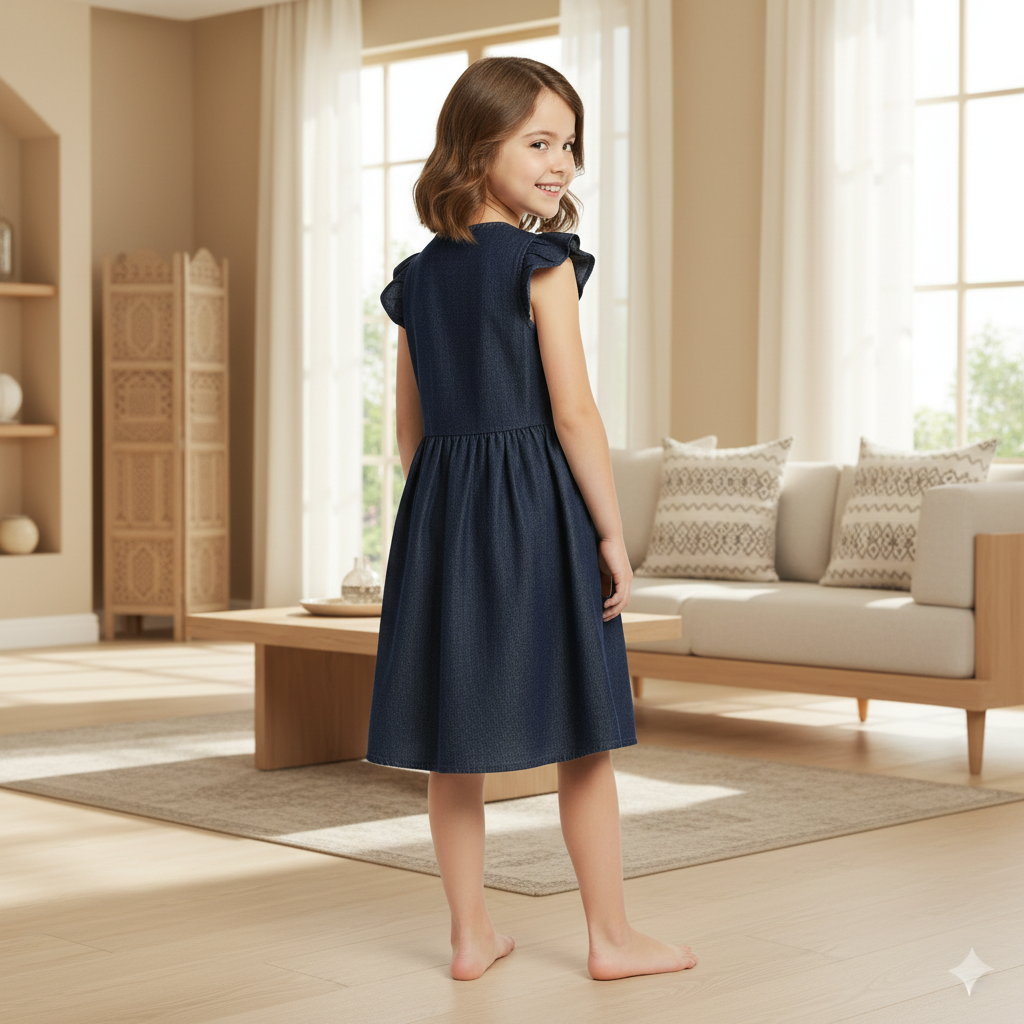 Girls Soft Denim Knee-Length Dress – Lightweight Flutter Sleeve Summer Outfit | Sizes (1-6Years) MH
