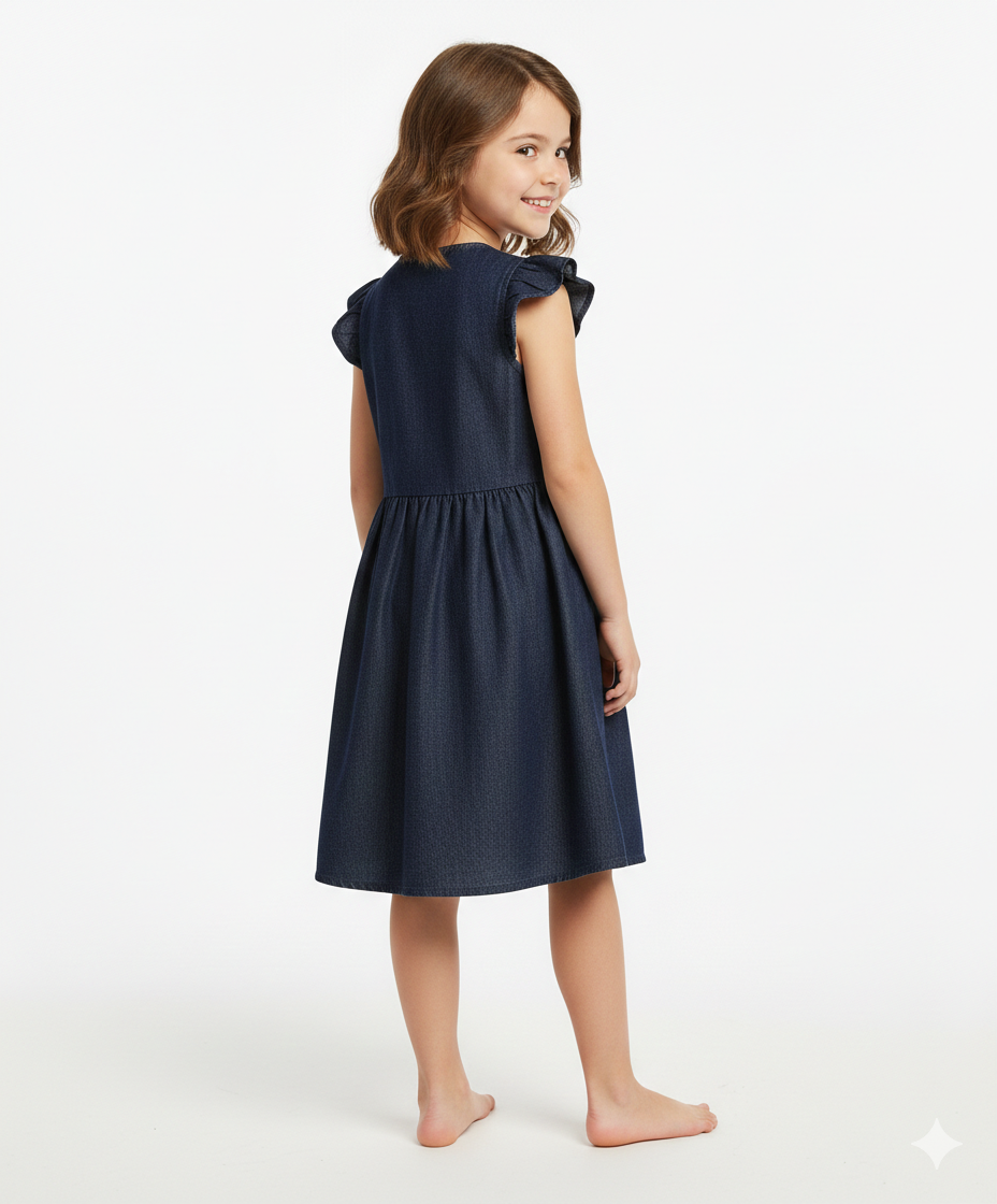 Girls Soft Denim Knee-Length Dress – Lightweight Flutter Sleeve Summer Outfit | MH