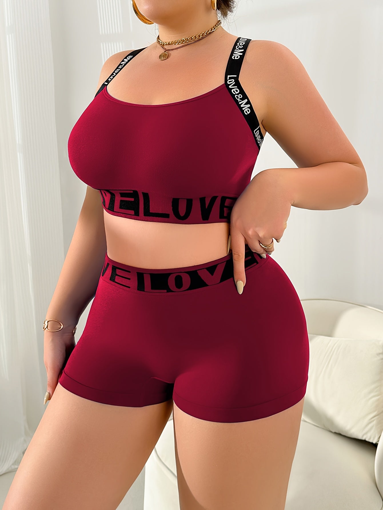 2pcs Plus Size Women's Underwear Set, Letter Print Wire-Free Bra '/MH