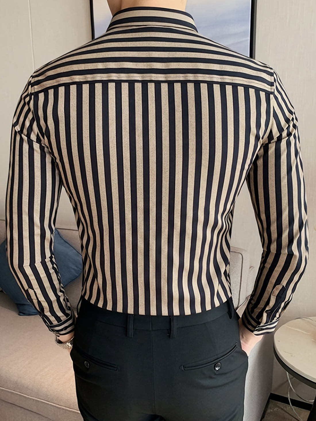 Men's Striped Lapel Collar Design Dress Shirts,