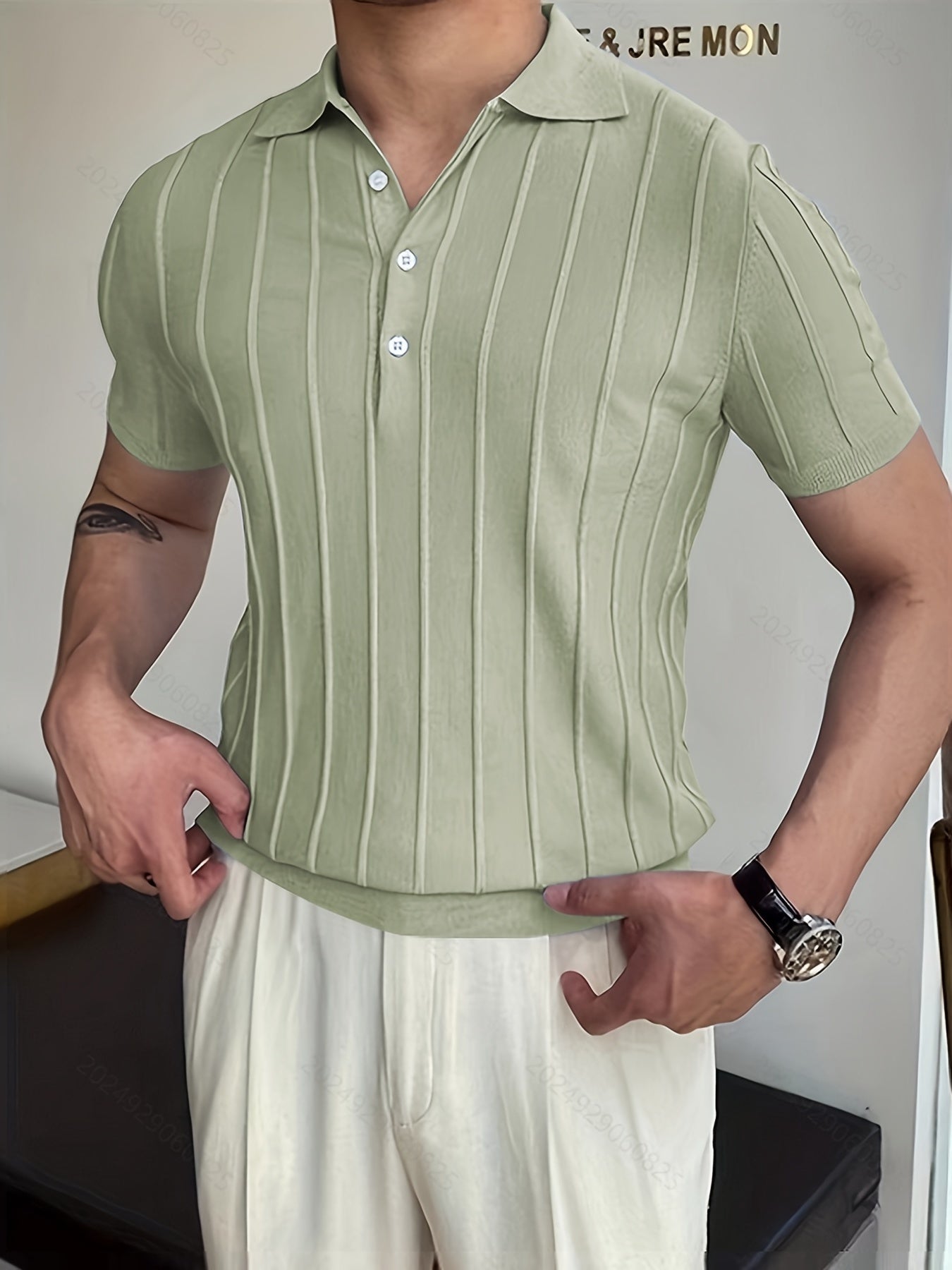 Vertical Striped Chic Shirt, Men's Casual Solid Color High Stretch .