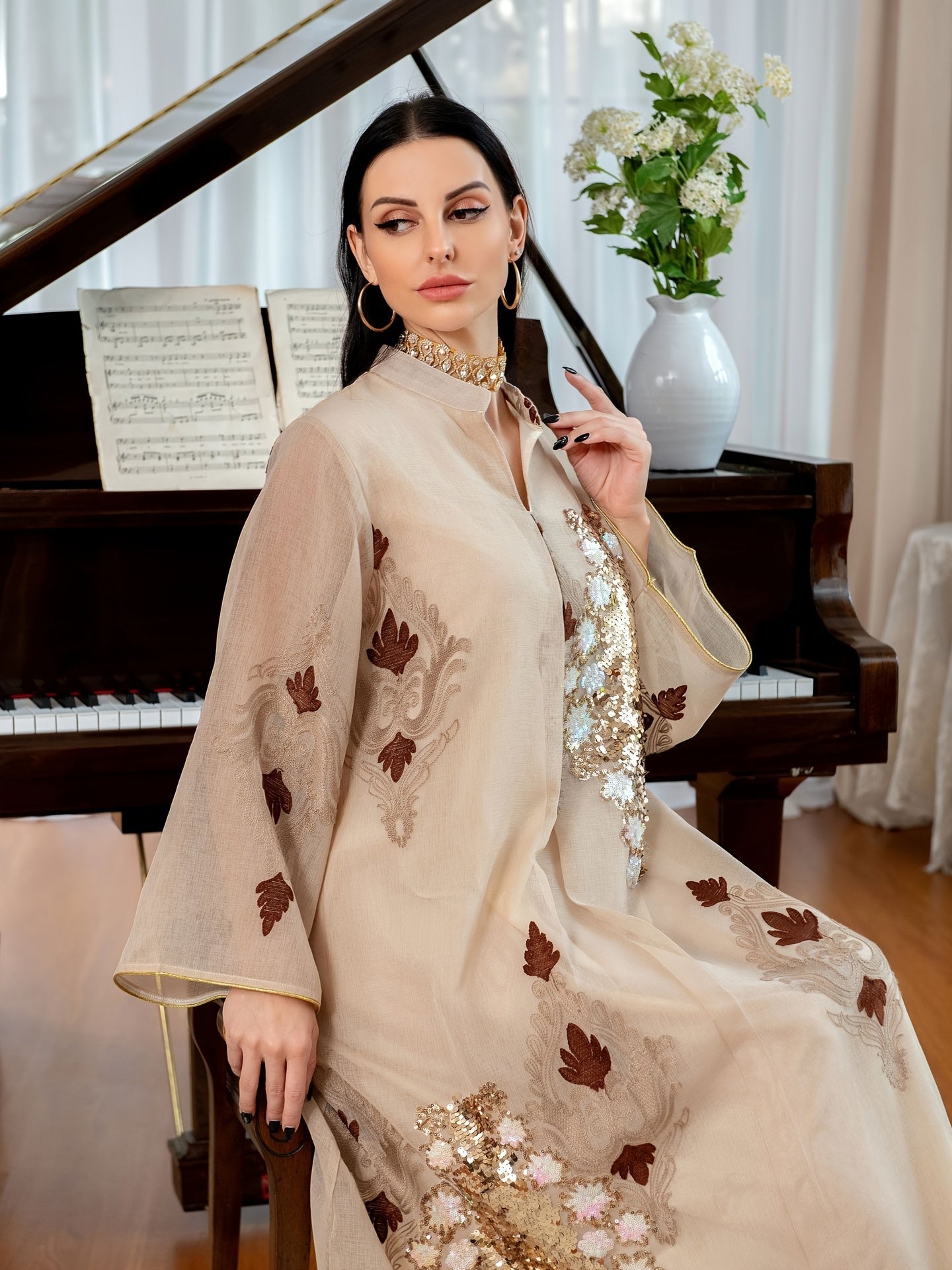 Ramadan Contrast Sequin Maxi Kaftan Dress, /MH